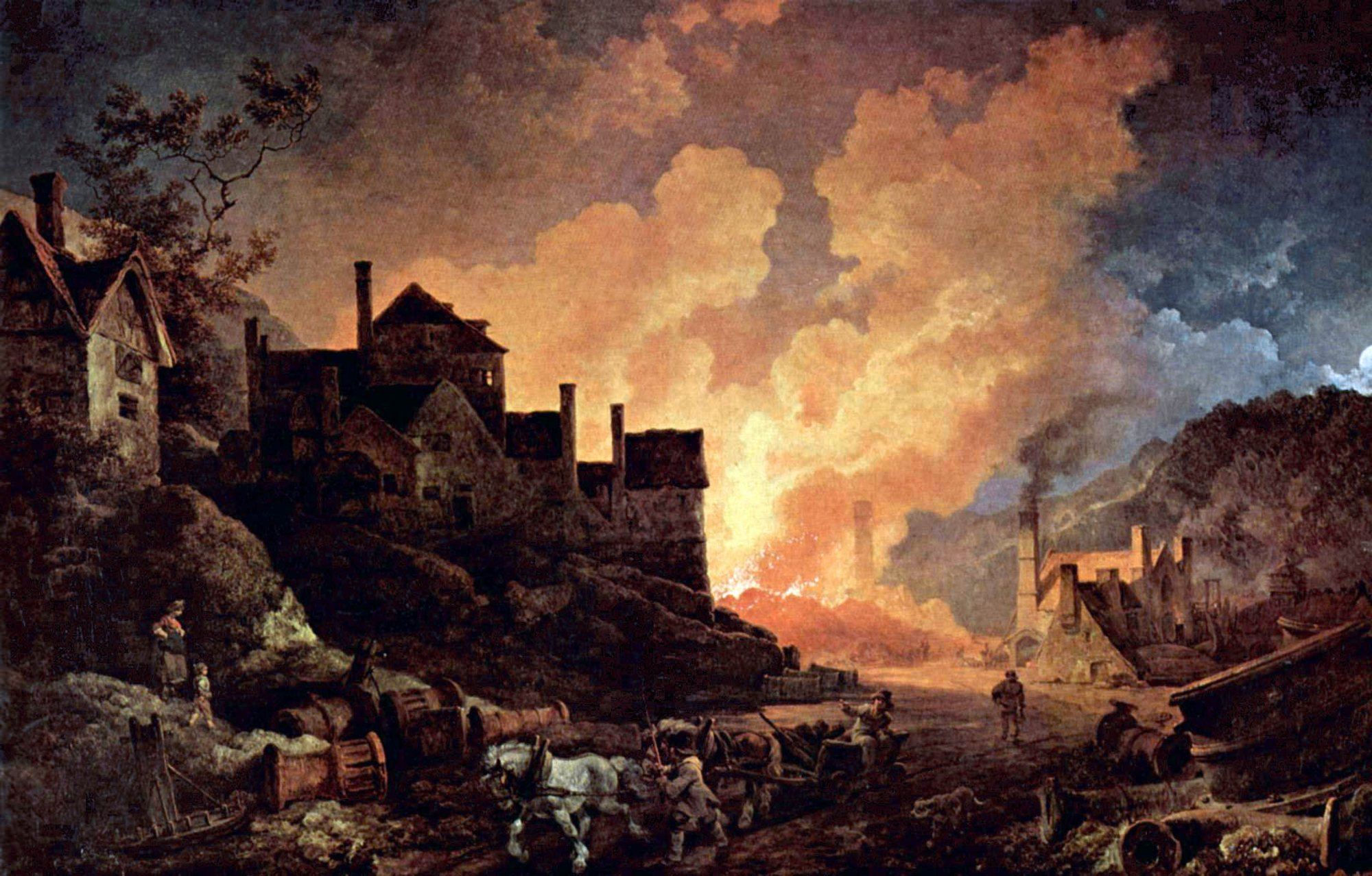 Iron furnaces at Coalbrookdale light the night sky with fire and smoke while horses haul a cart along the road below.